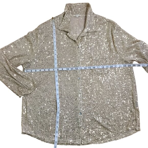 POL Sequin Button Up Blouse L Gold Semi-Sheer Metallic Boho Luxe Long Sleeve Top - Picture 4 of 6
